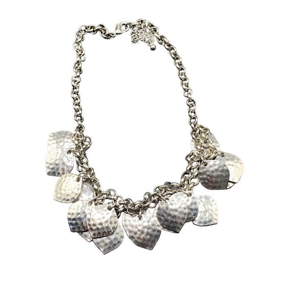 Silver tone double row hammered leaves on silver tone chain bib necklace - Picture 1 of 7